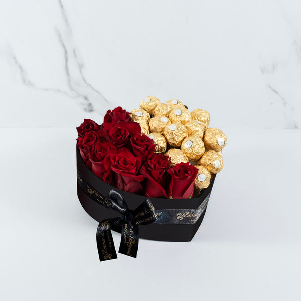 Roses in Heart-shaped box with Chocolates